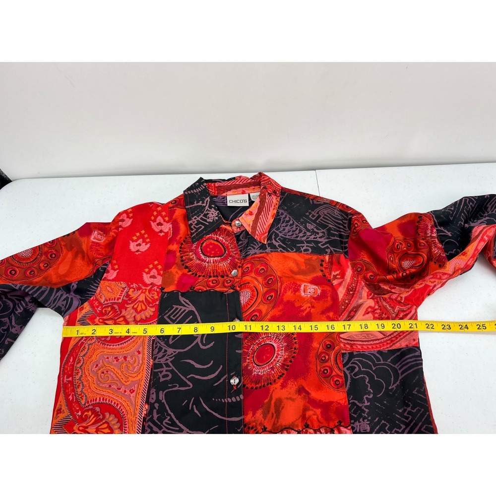 Chicos Womens Size 1 US M Silk Patchwork Paisley Button Down Shirt Red Black - Picture 7 of 11